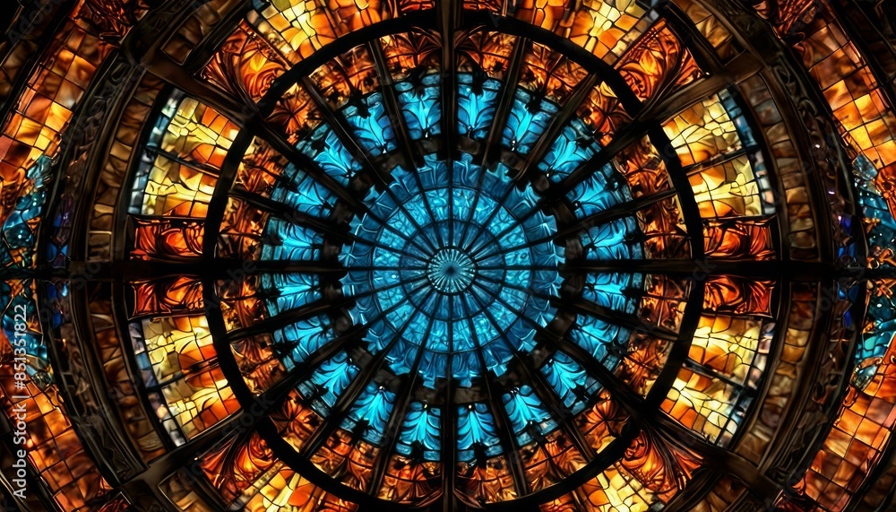 Poster a vibrant image of a stained glass ceiling featuring intricate patterns in vivid colors. the symmetr