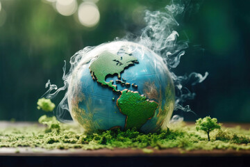 Naklejka premium A miniature globe, engulfed in thick white smoke, sits on a bed of green moss, highlighting the environmental catastrophe impacting the planet