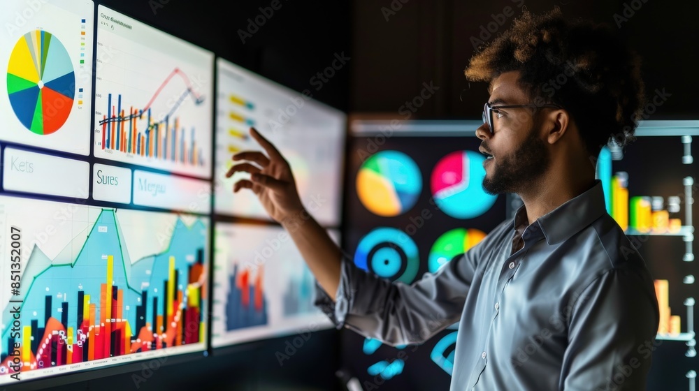 Aufkleber a man pointing at a large screen with a graph on it. he is wearing a suit and glasses