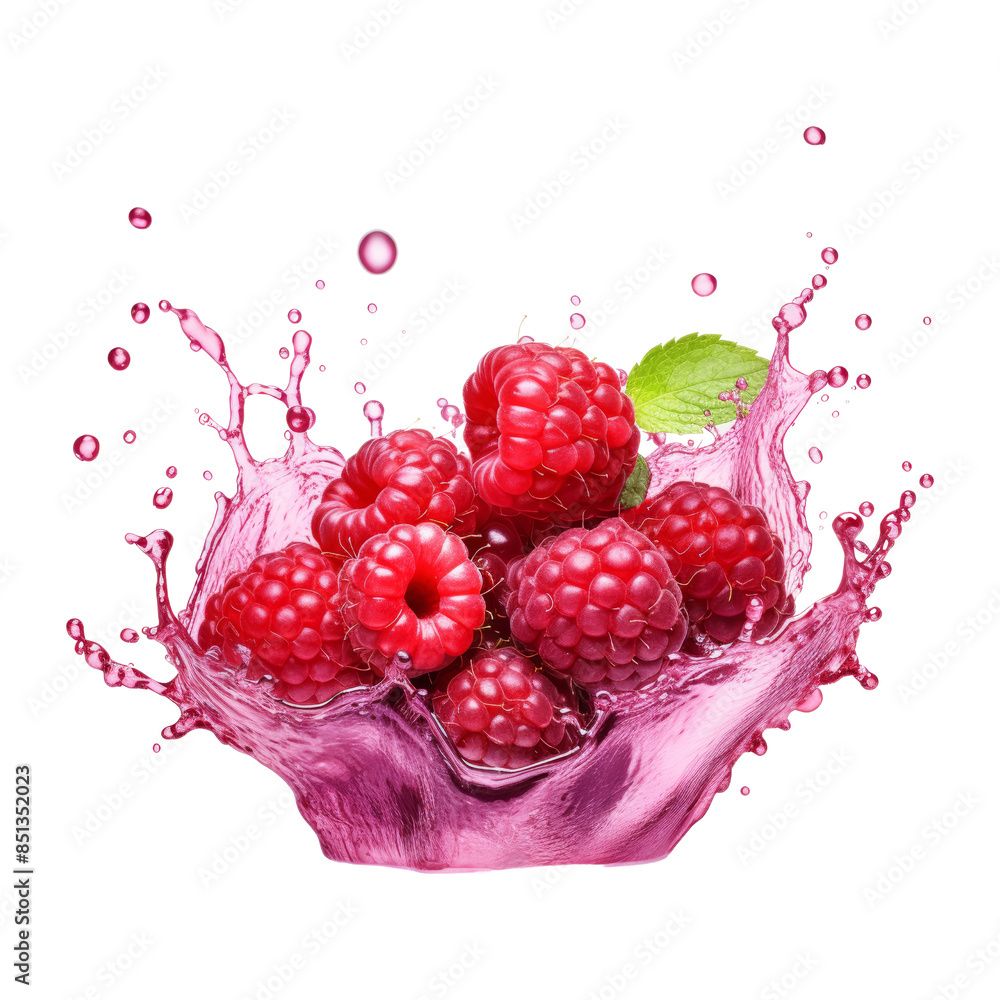Poster raspberry in water splash isolated on transparent background cutout