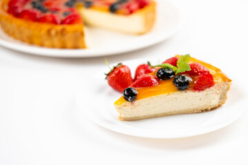 There's a slice of strawberry cheesecake on the plate. Menu for cafe, white background.