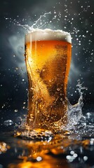 A glass of beer with water splashing on it.