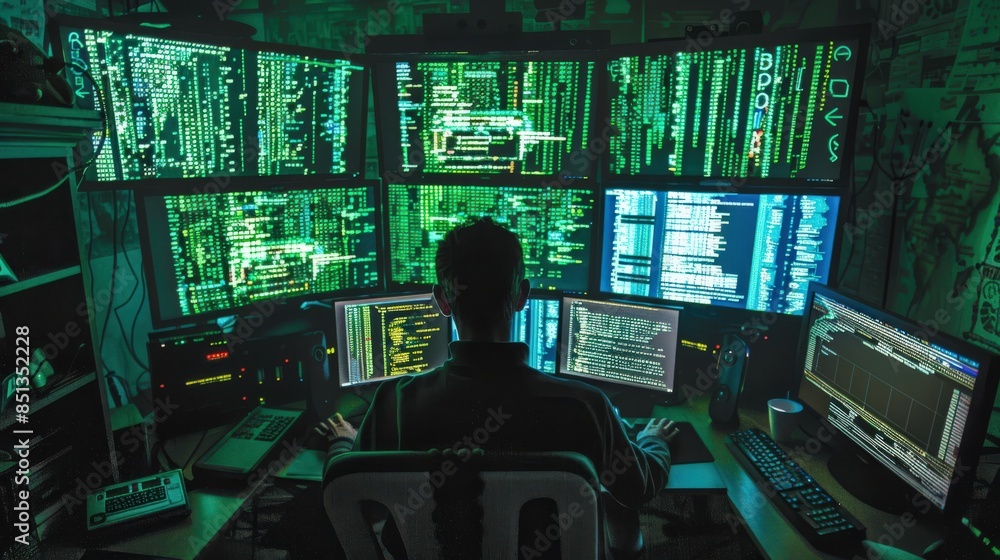 Poster a man is sitting in front of a computer monitor with a green screen. he is wearing headphones and he