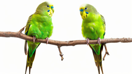 Fototapeta premium two green parakeets on a branch isolated on white background