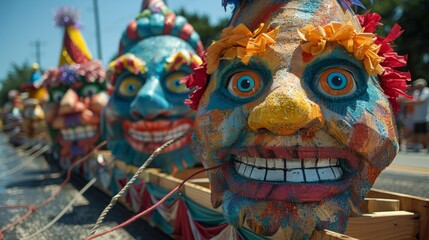 Fototapeta premium Vibrant Fourth of July Parade Float in Tug of War Battle - Eye-Level Perspective Captured in Action