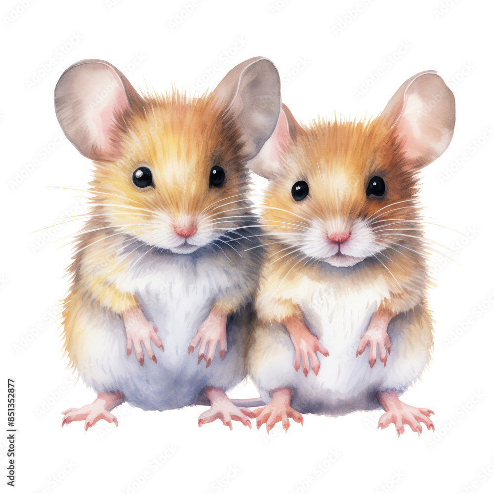 Wall mural two little hamster watercolor isolated on transparent background cutout