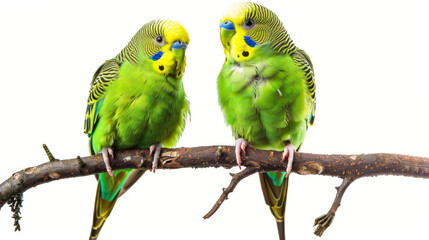 two green parakeets on a branch isolated on white background