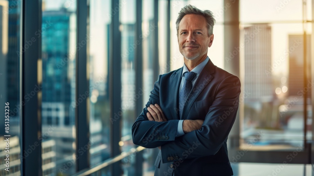 Aufkleber a man in a suit and tie stands in front of a window with a city view. he is smiling and he is confid