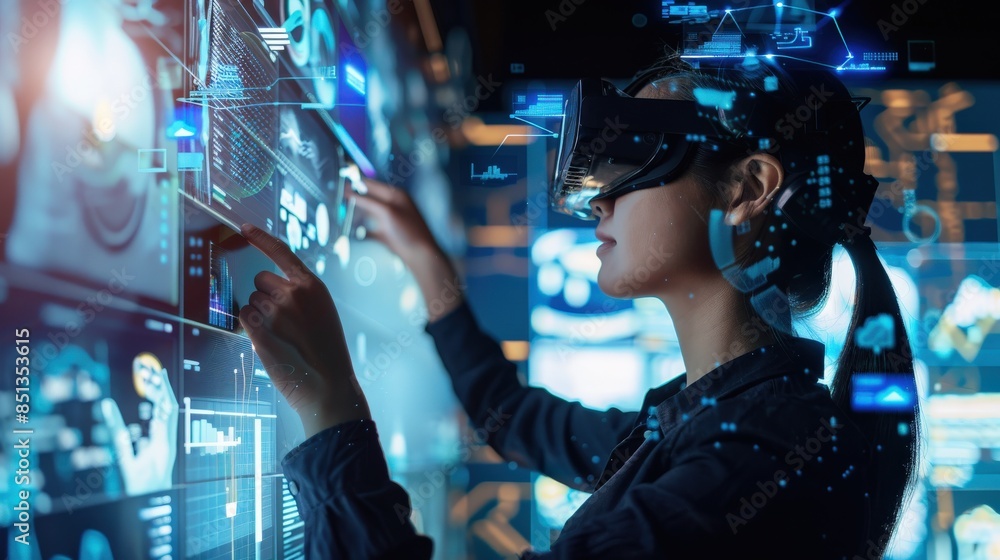Poster a woman wearing a virtual reality headset is interacting with a computer screen. concept of immersio