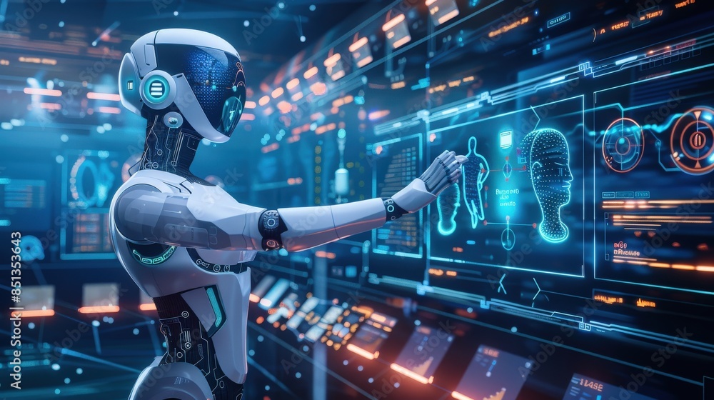 Poster a robot is pointing at a screen with a blue background. the robot is white and has orange accents. t