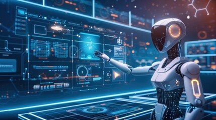 A robot is pointing at a screen with a blue background. The robot is white and has orange accents. The robot is in a futuristic setting with a lot of technology
