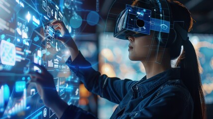 A woman wearing a virtual reality headset is interacting with a computer screen. Concept of immersion and technological advancement