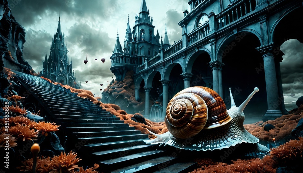 Poster a surreal scene featuring a giant snail ascending stairs in a fantastical gothic setting with dramat