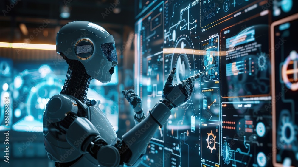 Poster a robot is pointing at a screen with a blue background. the robot is white and has orange accents. t