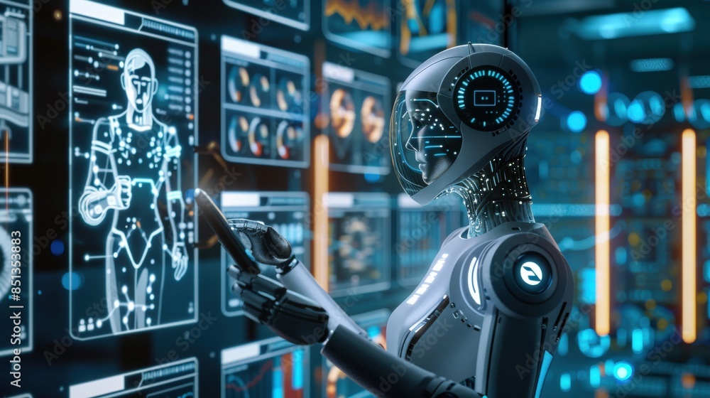 Poster a robot is pointing at a screen with a blue background. the robot is white and has orange accents. t