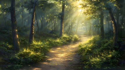 Obraz premium Sunbeams Illuminating a Forest Path