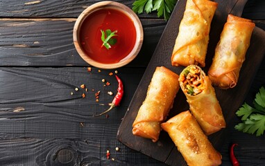 Crispy fried spring rolls cut in half, revealing savory filling, served with sweet and sour sauce, on a dark wooden background