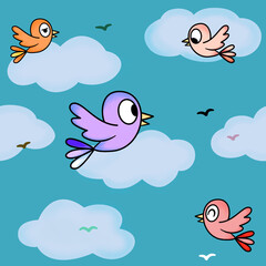 Seamless pattern, cartoon pattern, graphic pattern, birds in the sky are flying.