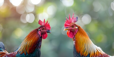 Fototapeta premium Rooster fight symbolizes global trade tensions in world economy. Concept Global Trade Tensions, Rooster Fight, Symbolism, World Economy,