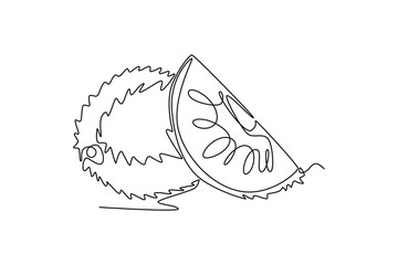 Continuous one line drawing whole and sliced healthy organic soursop for orchard logo identity. Fresh tropical fruitage concept fruit garden icon. Single line draw design vector graphic illustration