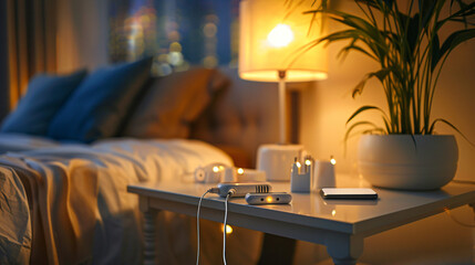 Extension cord with charging gadgets on table in bedroom