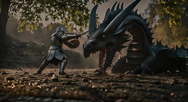 Knight fighting a dragon.