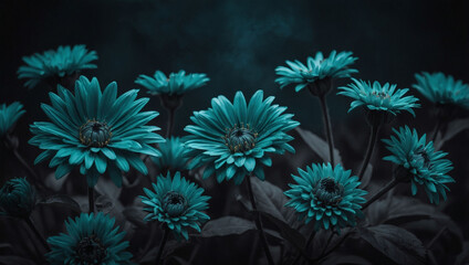 Moody backdrop with textured teal flowers, subtle and dark.