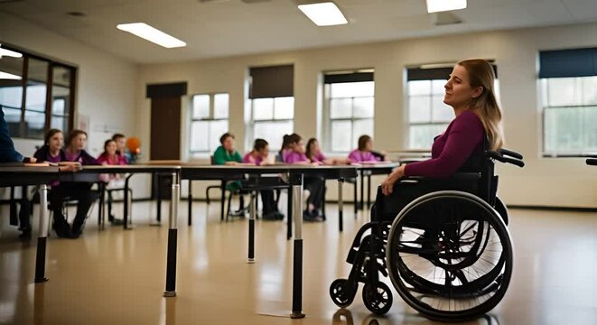 Woman teacher in wheelchair in class.