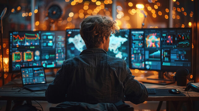 A cybersecurity professional working on multiple monitors displaying various data, analyzing threats to ensure digital safety.