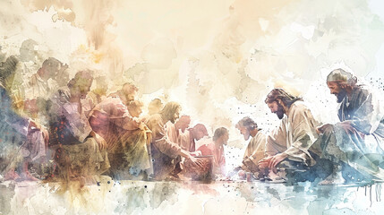 A watercolor painting depicting Jesus washing the feet of his disciples, symbolizing humility and service