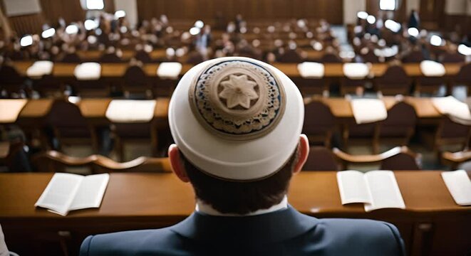 Jewish religious with the kippah in the synagogue.
