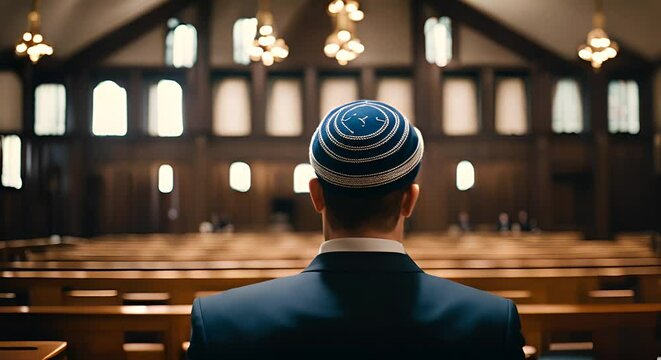 Jewish religious with the kippah in the synagogue.