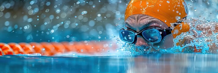 Close-up of a person swimming in a pool, wearing an orange cap and goggles, with water splashing around.