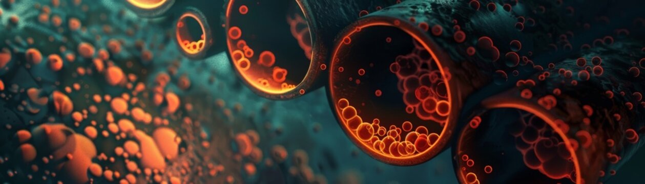 Illustration of a clogged pipe with fat deposits, symbolizing blocked fat in the arteries, on a dark background