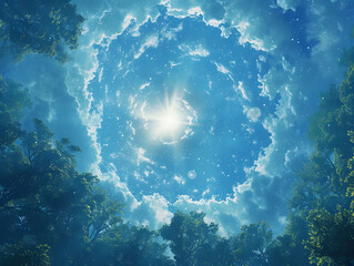 a beautiful, vibrant, sunny day with a clear blue sky and lush green trees and foliage.