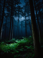 Moonlight dances in magical dark forest.