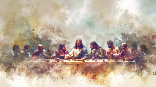 A watercolor painting depicting Jesus and his disciples sharing a meal, the Last Supper