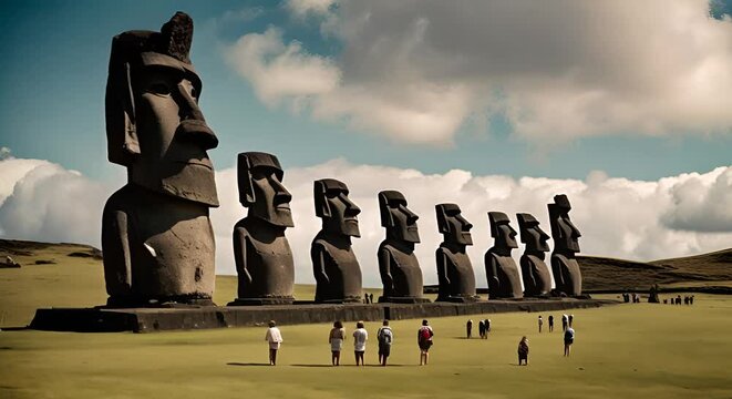 Tourists seeing the Moais on Easter Island.