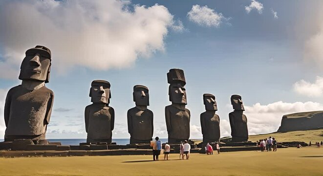 Tourists seeing the Moais on Easter Island.