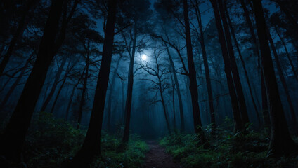 Moonlit night in enchanted dark forest.