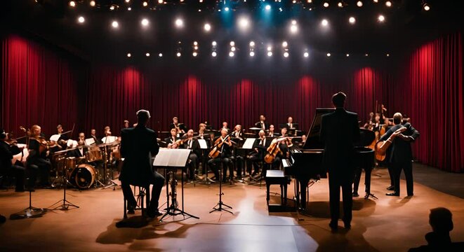 Symphonic band in an auditorium playing music.