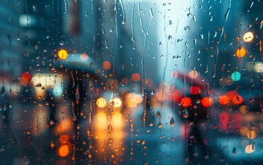 Raining over a busy city street, close up, urban atmosphere, realistic, Silhouette, cityscape backdrop