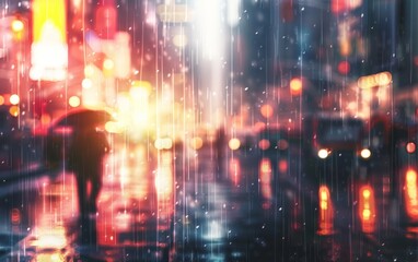 Fototapeta premium Raining over a busy city street, close up, urban atmosphere, realistic, Silhouette, cityscape backdrop