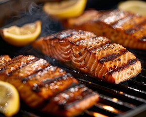 Salmon steak sizzling on a grill with visible grill marks, accompanied by lemon wedges, outdoor barbecue setting