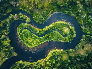 Aerial shot of a winding river meandering through the park