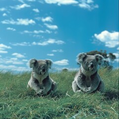 Obraz premium Two koalas sitting in grass on sunny day