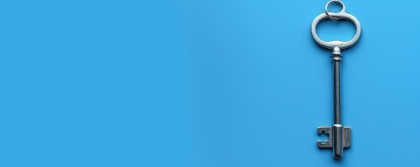 Silver key on blue background