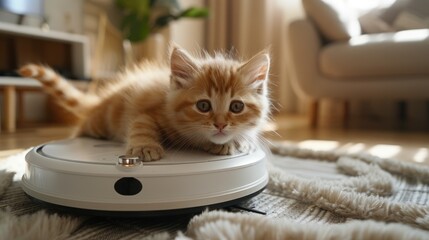 Kitten sitting on robot vacuum cleaner