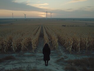 Medium shot of A girl stands in the middle of an open field, with corn plants growing all around her and wind turbines standing tall behind her against the backdrop of sunset