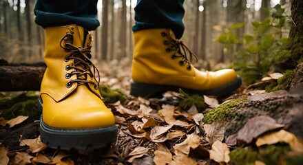 Hiker with yellow boots in the forest.